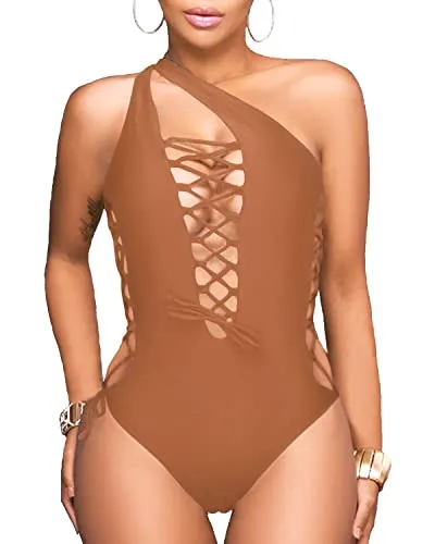 Flattering Deep V Neck Lace Up Monokini-Brown