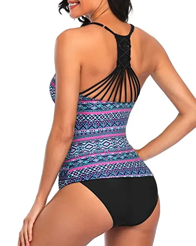 Flattering Tankini Top With Swim Bottom Bathing Suits For Women-Blue Tribal