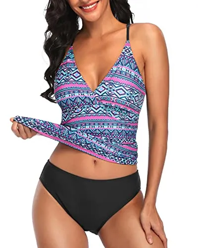 Flattering Tankini Top With Swim Bottom Bathing Suits For Women-Blue Tribal