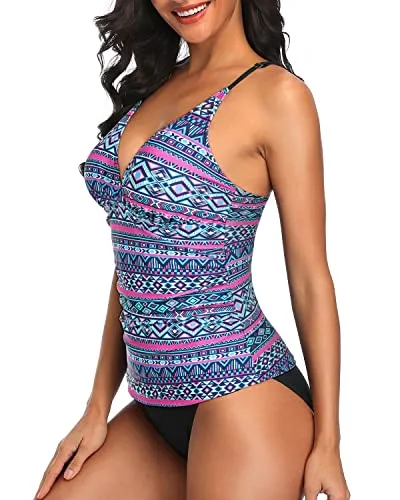 Flattering Tankini Top With Swim Bottom Bathing Suits For Women-Blue Tribal