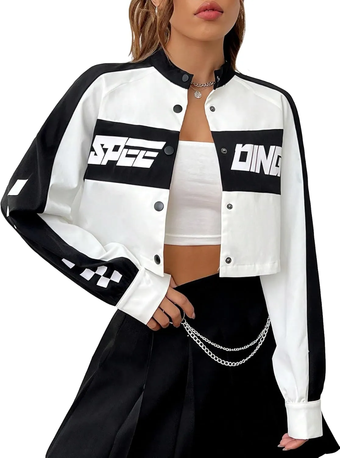 Floerns Women's Letter Print Button Down Long Sleeve Motorcycle Varsity Jacket Windbreaker Outerwear