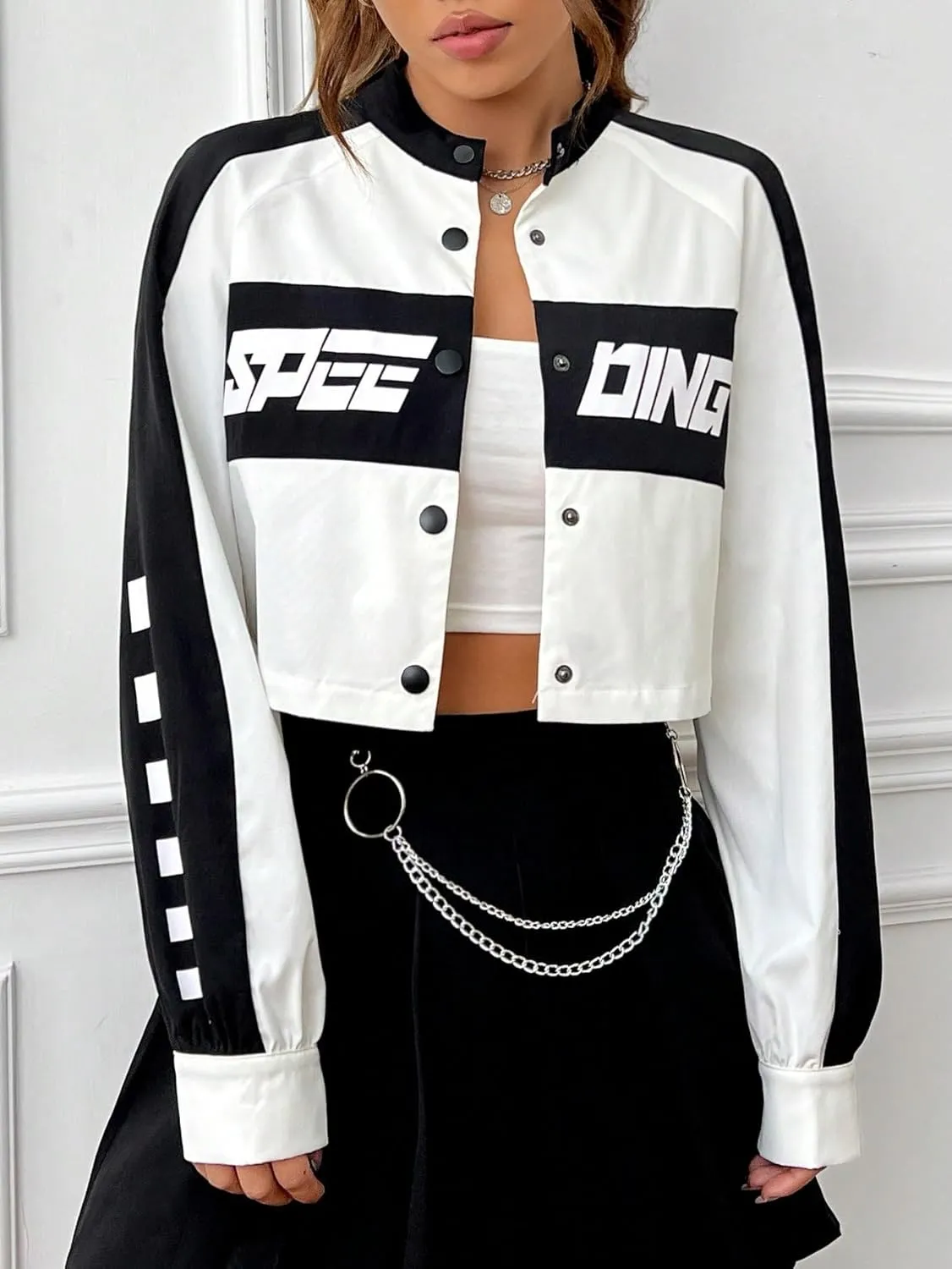 Floerns Women's Letter Print Button Down Long Sleeve Motorcycle Varsity Jacket Windbreaker Outerwear