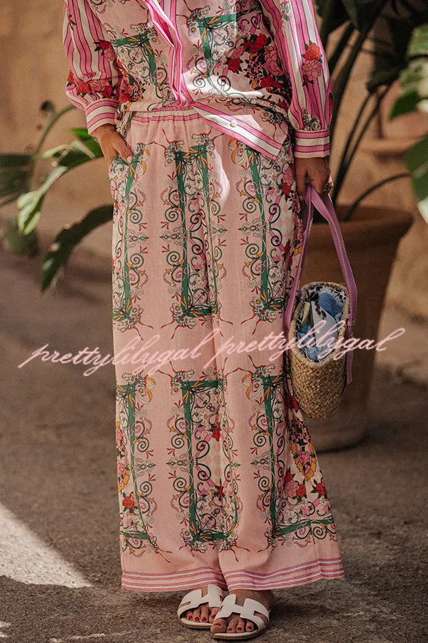 Floral Charm Unique Print Loose Blouse and Elastic Waist Pocketed Pants Set