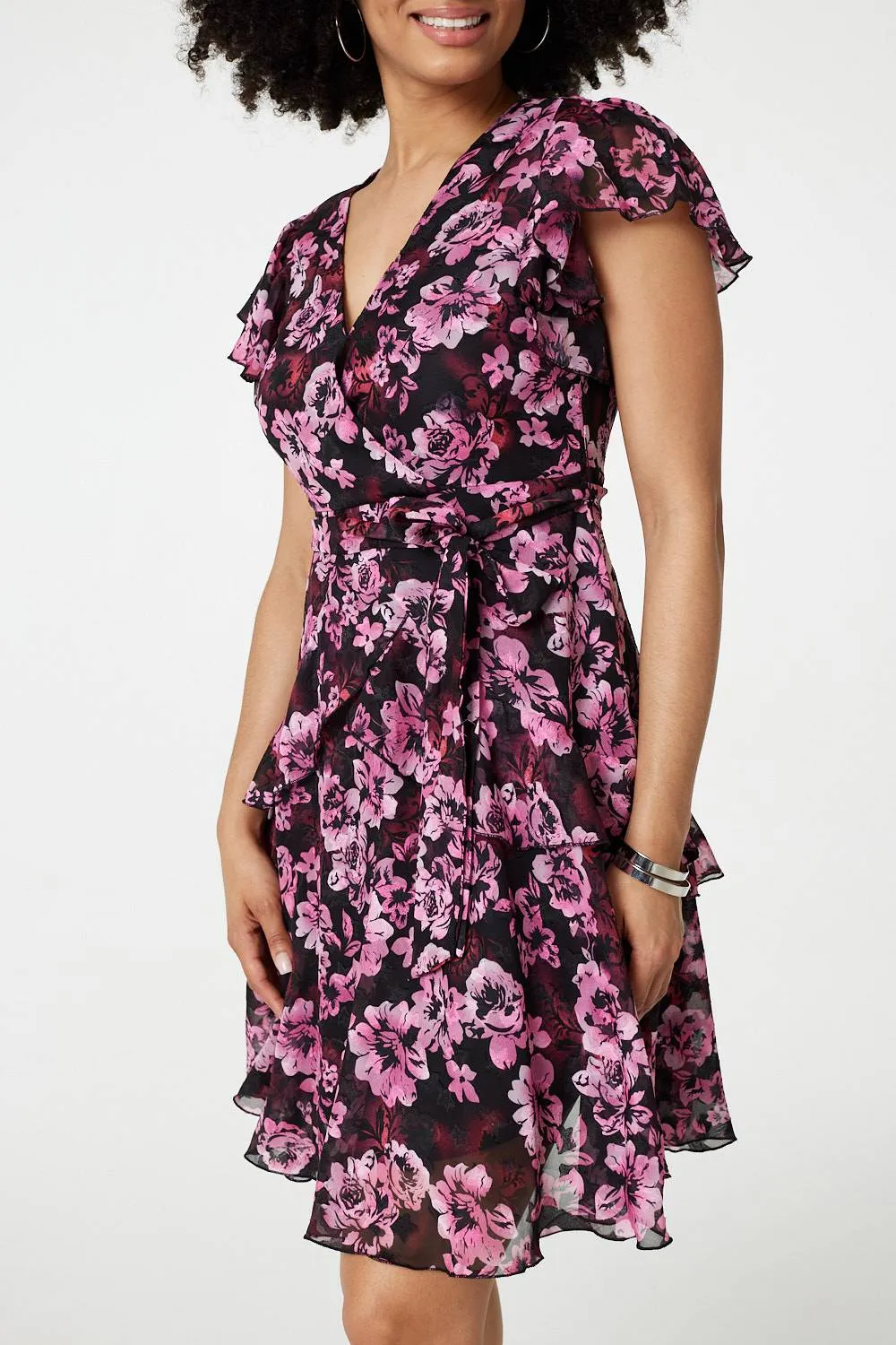 Floral Tie-Waist Ruffled Mini Dress