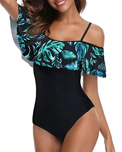 Flounce Printed One Piece Ruffled Bathing Suit-Black And Green Leaves