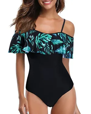 Flounce Printed One Piece Ruffled Bathing Suit-Black And Green Leaves