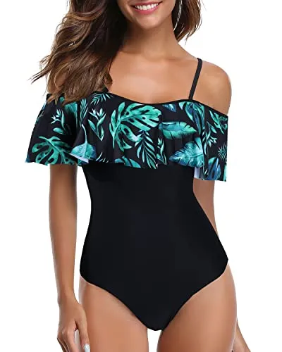 Flounce Printed One Piece Ruffled Bathing Suit-Black And Green Leaves