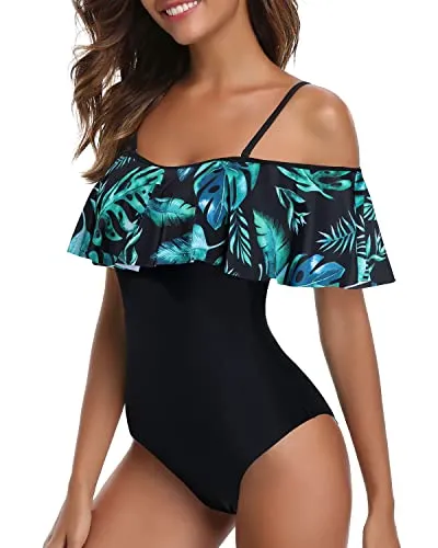 Flounce Printed One Piece Ruffled Bathing Suit-Black And Green Leaves