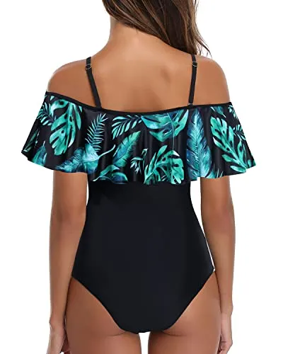 Flounce Printed One Piece Ruffled Bathing Suit-Black And Green Leaves