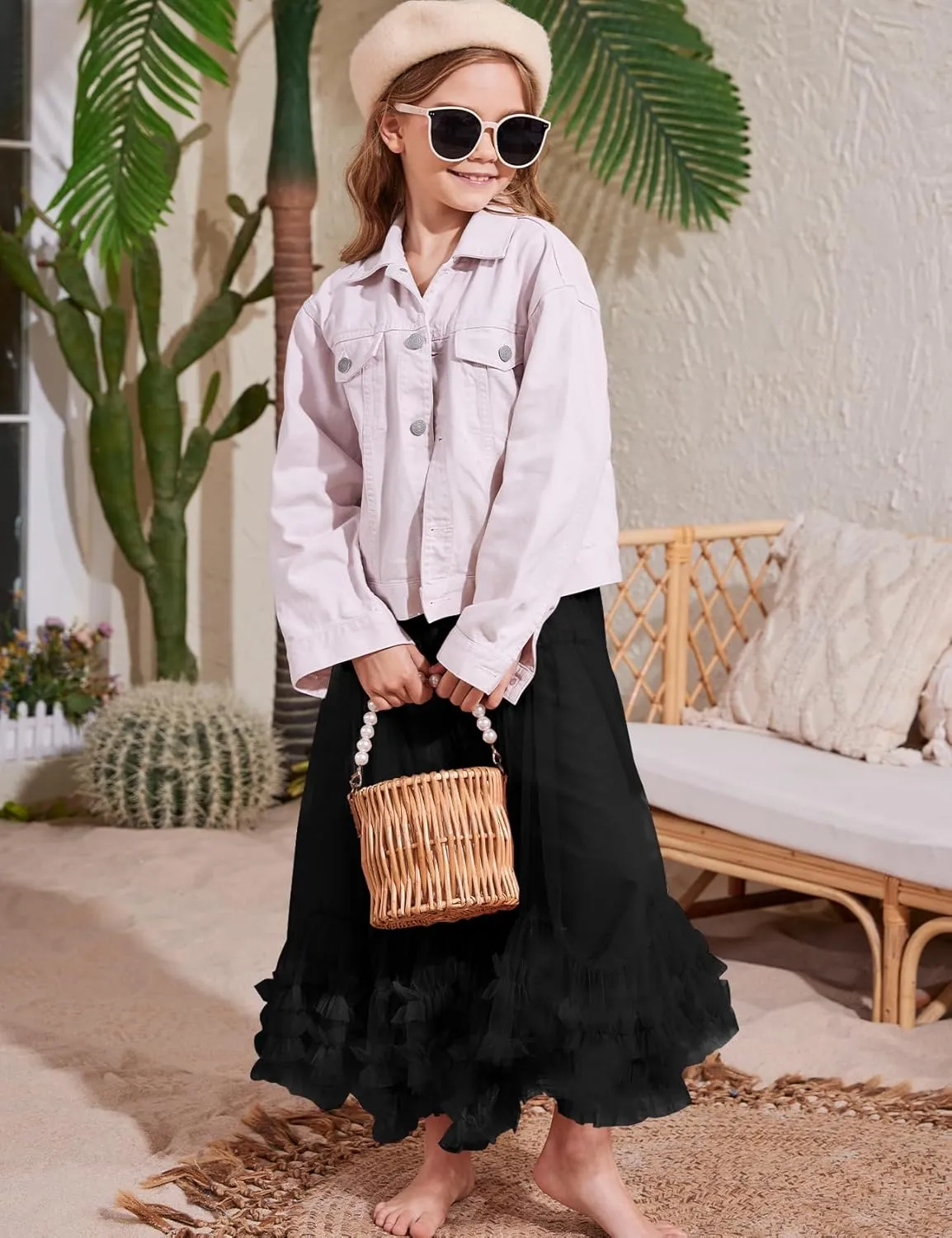 Flygo Girls Tulle Skirt A-Line Long Ruffle Tiered Mesh Tutu Skirt Maxi High Elastic Waist Pleated Layered Skirts