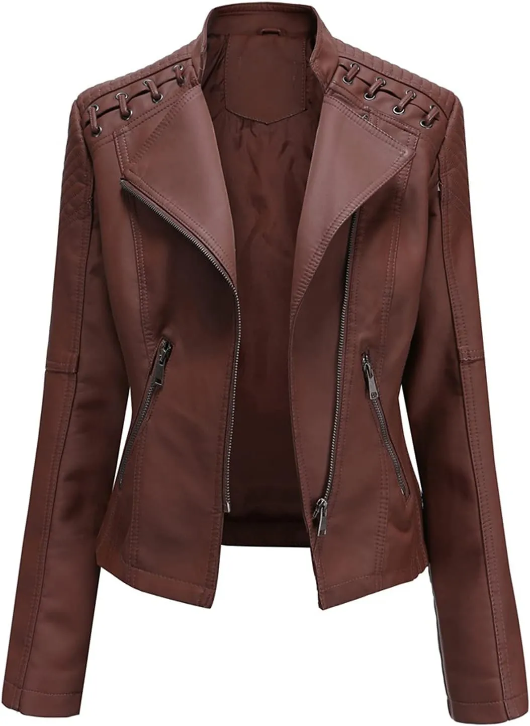 FOMOYUU Leather Jacket Women Faux Oversized Motorcycle Zipper Bomber PU Bike Coat 2024 Fall Fashion Outfits with Pockets