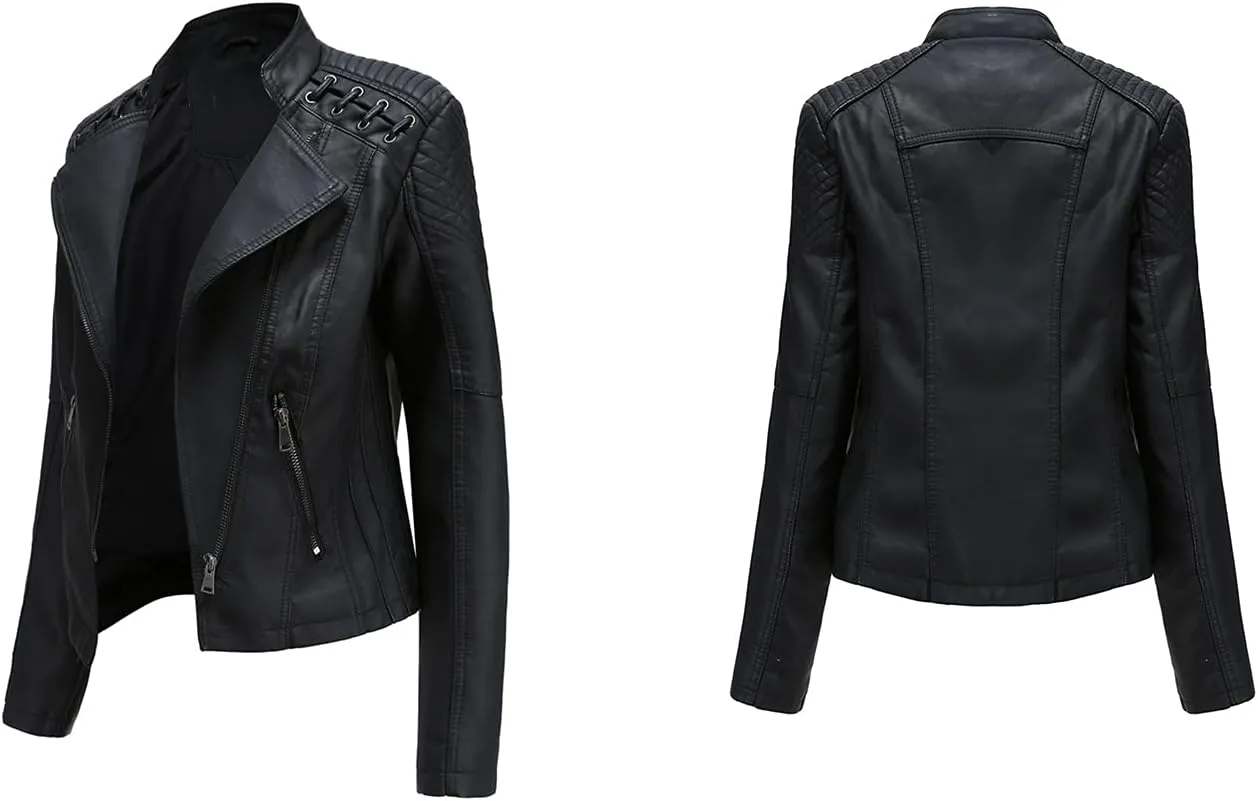 FOMOYUU Leather Jacket Women Faux Oversized Motorcycle Zipper Bomber PU Bike Coat 2024 Fall Fashion Outfits with Pockets