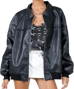 FOMOYUU Leather Jacket Women Faux Oversized Motorcycle Zipper Bomber PU Bike Coat 2024 Fall Fashion Outfits with Pockets