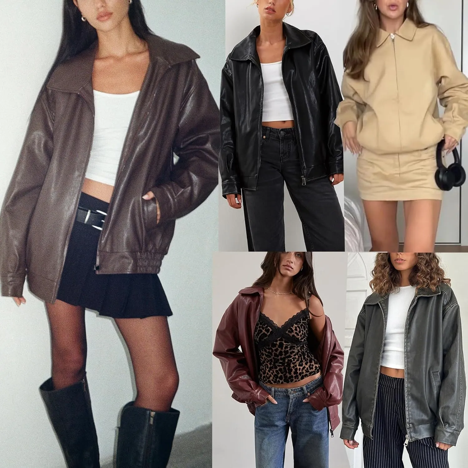 FOMOYUU Leather Jacket Women Faux Oversized Motorcycle Zipper Bomber PU Bike Coat 2024 Fall Fashion Outfits with Pockets