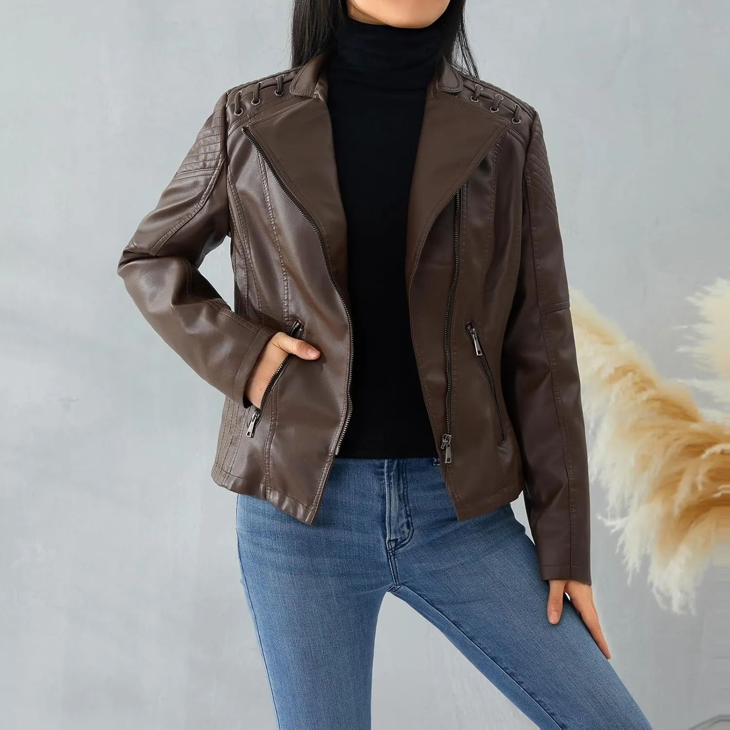 FOMOYUU Leather Jacket Women Faux Oversized Motorcycle Zipper Bomber PU Bike Coat 2024 Fall Fashion Outfits with Pockets