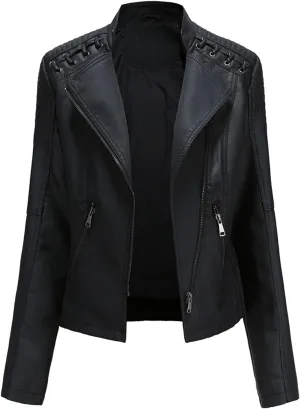 FOMOYUU Leather Jacket Women Faux Oversized Motorcycle Zipper Bomber PU Bike Coat 2024 Fall Fashion Outfits with Pockets