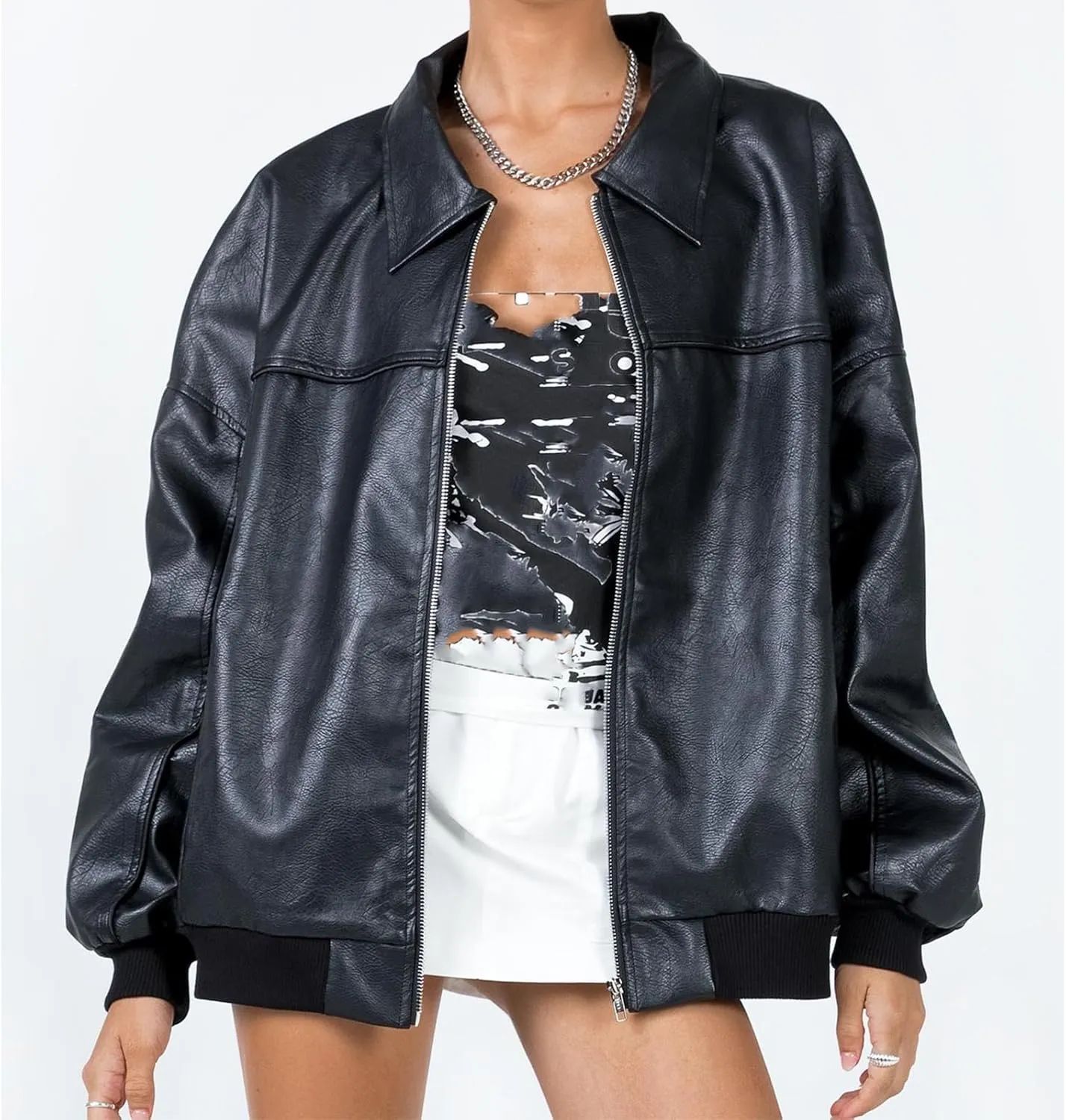 FOMOYUU Leather Jacket Women Faux Oversized Motorcycle Zipper Bomber PU Bike Coat 2024 Fall Fashion Outfits with Pockets