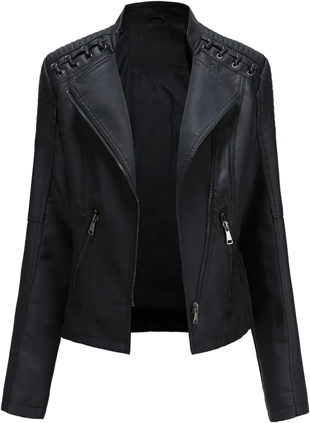 FOMOYUU Leather Jacket Women Faux Oversized Motorcycle Zipper Bomber PU Bike Coat 2024 Fall Fashion Outfits with Pockets