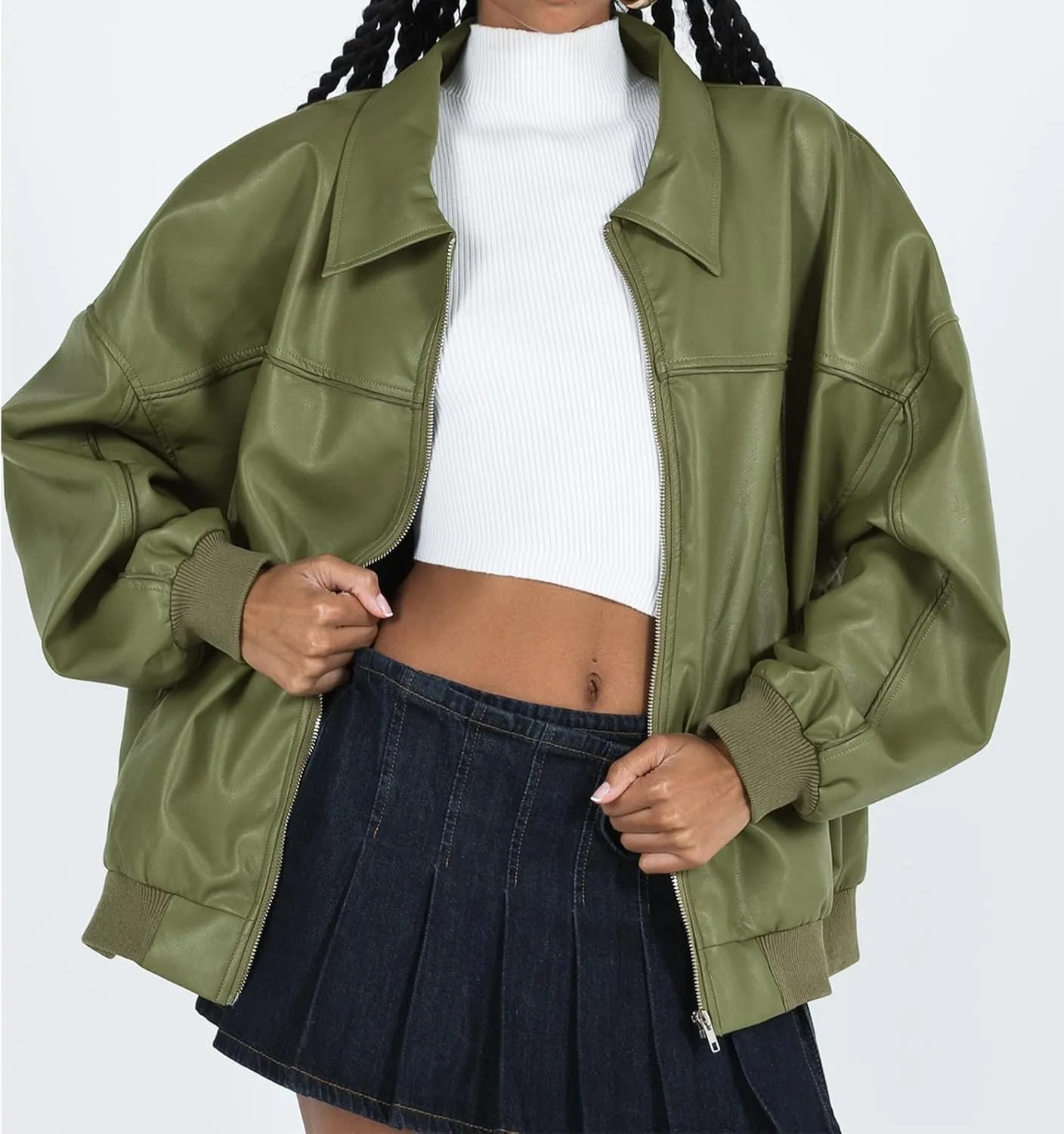 FOMOYUU Leather Jacket Women Faux Oversized Motorcycle Zipper Bomber PU Bike Coat 2024 Fall Fashion Outfits with Pockets
