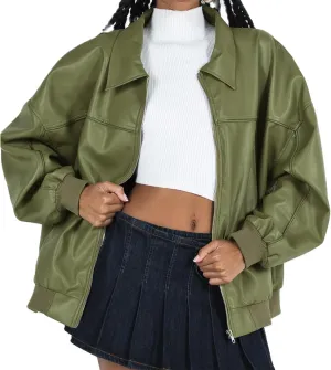 FOMOYUU Leather Jacket Women Faux Oversized Motorcycle Zipper Bomber PU Bike Coat 2024 Fall Fashion Outfits with Pockets