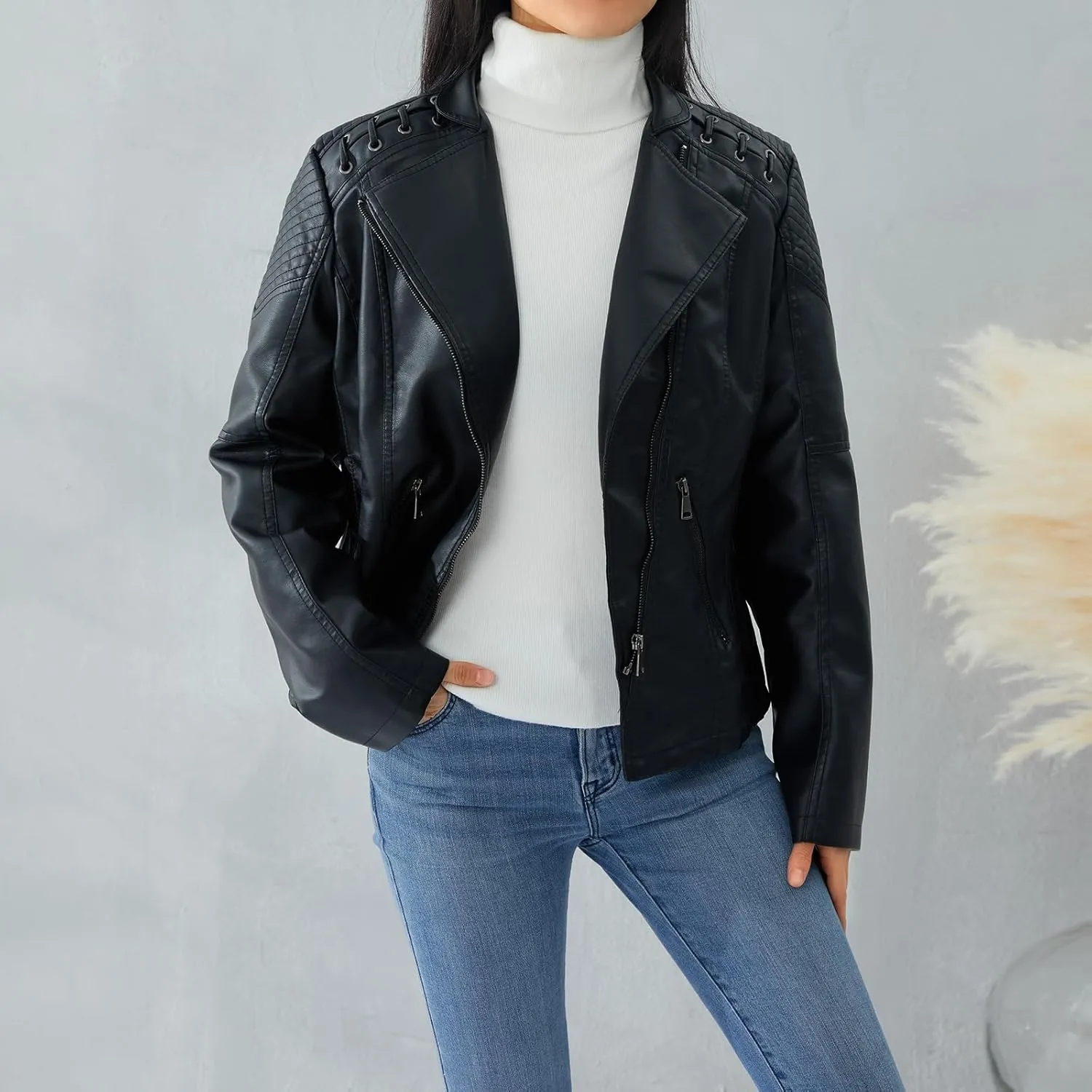FOMOYUU Leather Jacket Women Faux Oversized Motorcycle Zipper Bomber PU Bike Coat 2024 Fall Fashion Outfits with Pockets