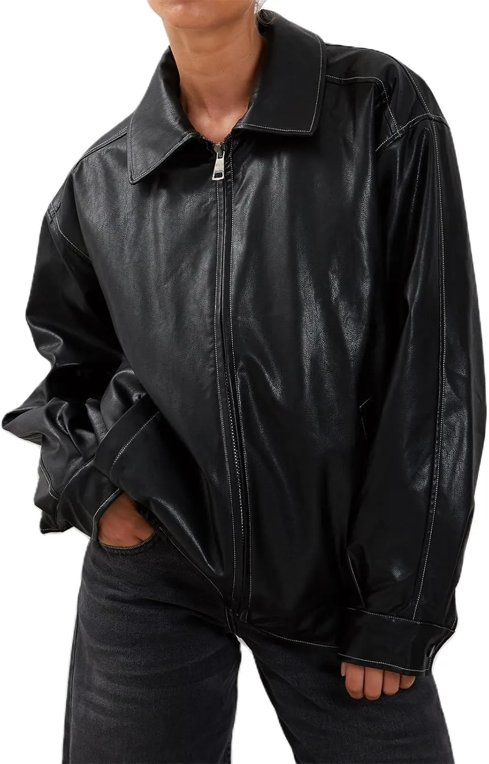 FOMOYUU Leather Jacket Women Faux Oversized Motorcycle Zipper Bomber PU Bike Coat 2024 Fall Fashion Outfits with Pockets