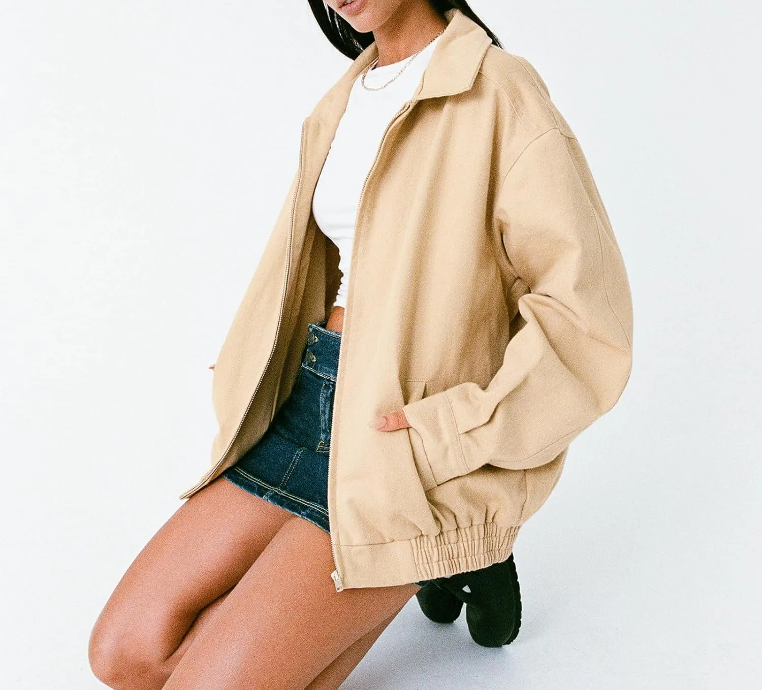 FOMOYUU Leather Jacket Women Faux Oversized Motorcycle Zipper Bomber PU Bike Coat 2024 Fall Fashion Outfits with Pockets