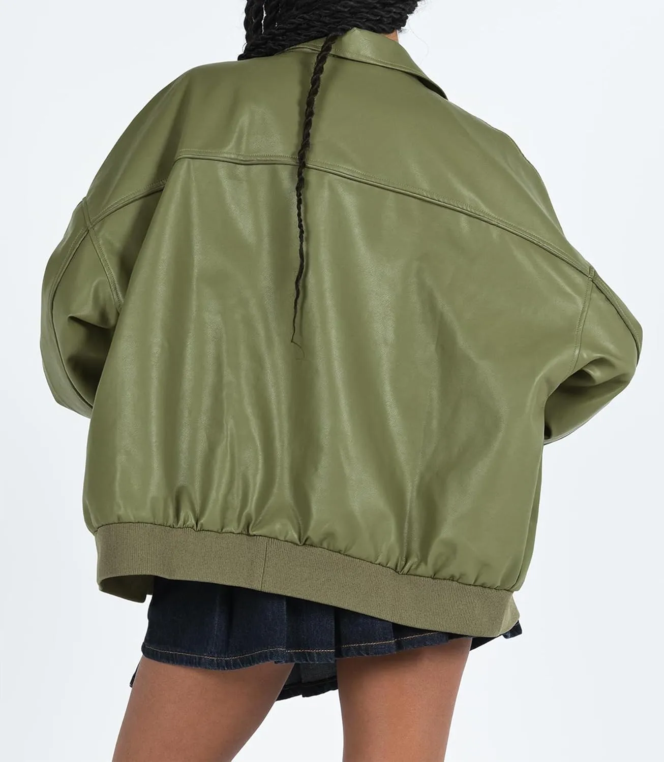 FOMOYUU Leather Jacket Women Faux Oversized Motorcycle Zipper Bomber PU Bike Coat 2024 Fall Fashion Outfits with Pockets