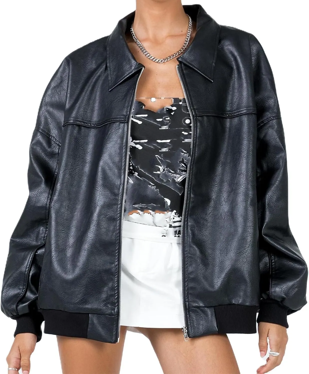FOMOYUU Leather Jacket Women Faux Oversized Motorcycle Zipper Bomber PU Bike Coat 2024 Fall Fashion Outfits with Pockets