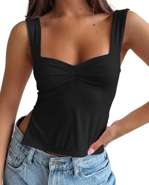 ForeFair Women Sleeveless Backless Crop Tank Top Summer Going Out Outfits Cute Pleated Sweetheart Neck Strappy Y2K Slits Tops