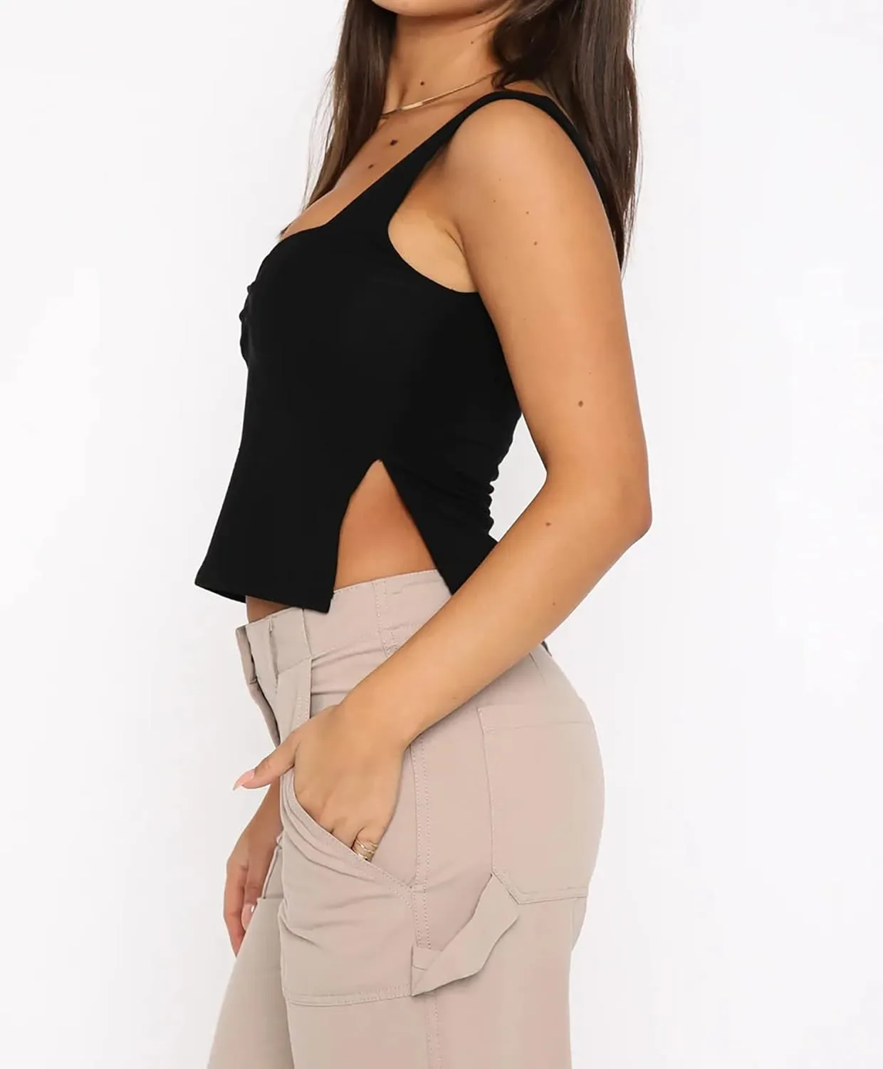 ForeFair Women Sleeveless Backless Crop Tank Top Summer Going Out Outfits Cute Pleated Sweetheart Neck Strappy Y2K Slits Tops