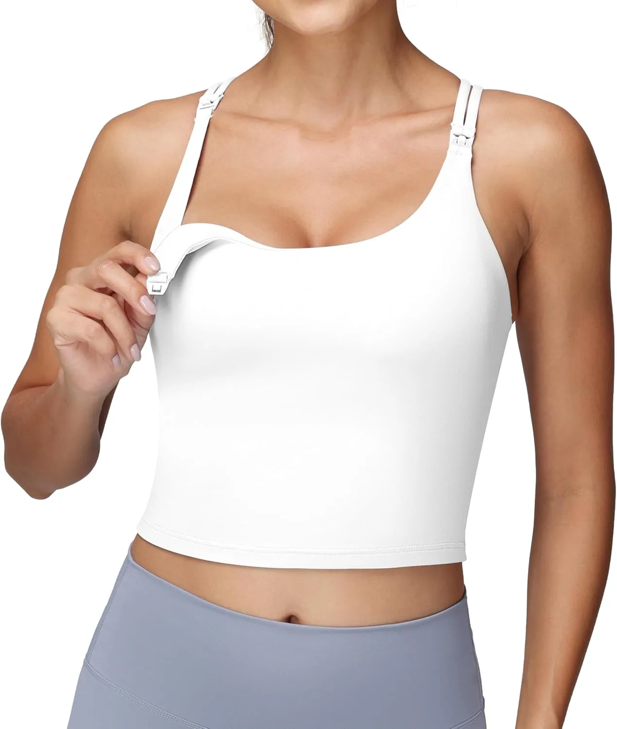 Foucome Nursing Tank Tops for Breastfeeding Longline Nursing Sports Bra Cross Back Workout Crop Top with Built in Bra