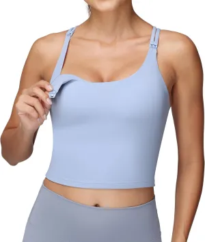 Foucome Nursing Tank Tops for Breastfeeding Longline Nursing Sports Bra Cross Back Workout Crop Top with Built in Bra