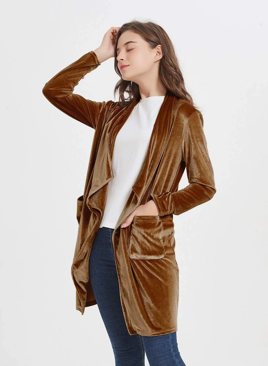 futurino Women's Solid Long Sleeve Velvet Jacket Open Front Cardigan Coat with Pockets Outerwear