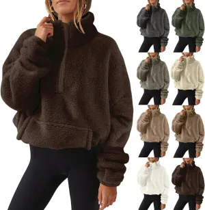 Fuzzy Fleece Sweatshirt For Women Casual Loose Half Zip Up Sherpa Pullover Sweater Warm Fall Winter Outfits