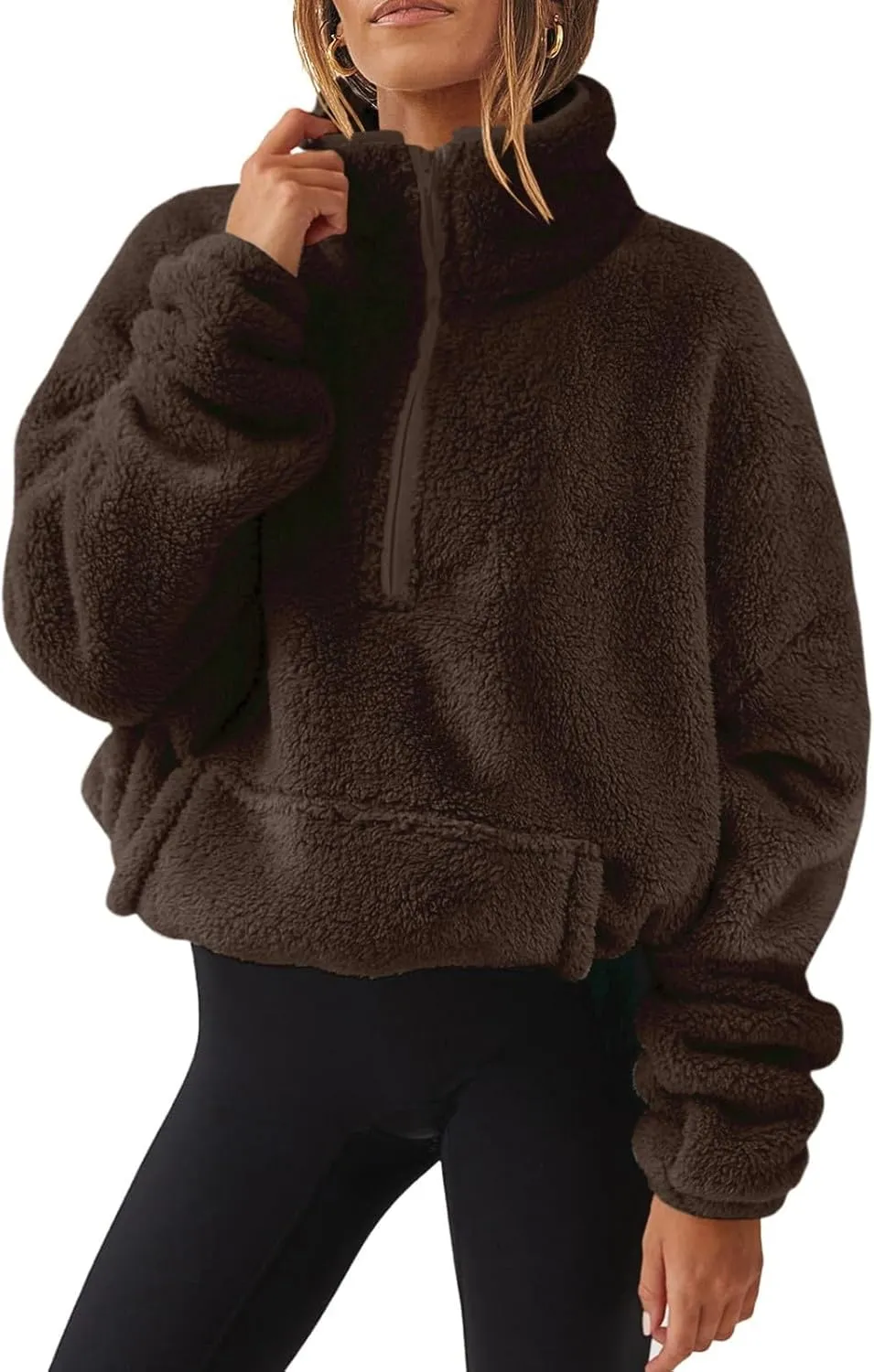 Fuzzy Fleece Sweatshirt For Women Casual Loose Half Zip Up Sherpa Pullover Sweater Warm Fall Winter Outfits