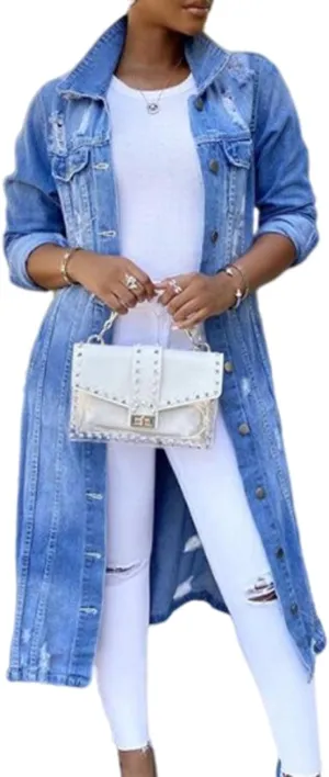 FYEARFOX Womens Denim Jean Jacket Oversized Ripped Distressed Long Sleeve Trench Maxi Long Coat Outerwear