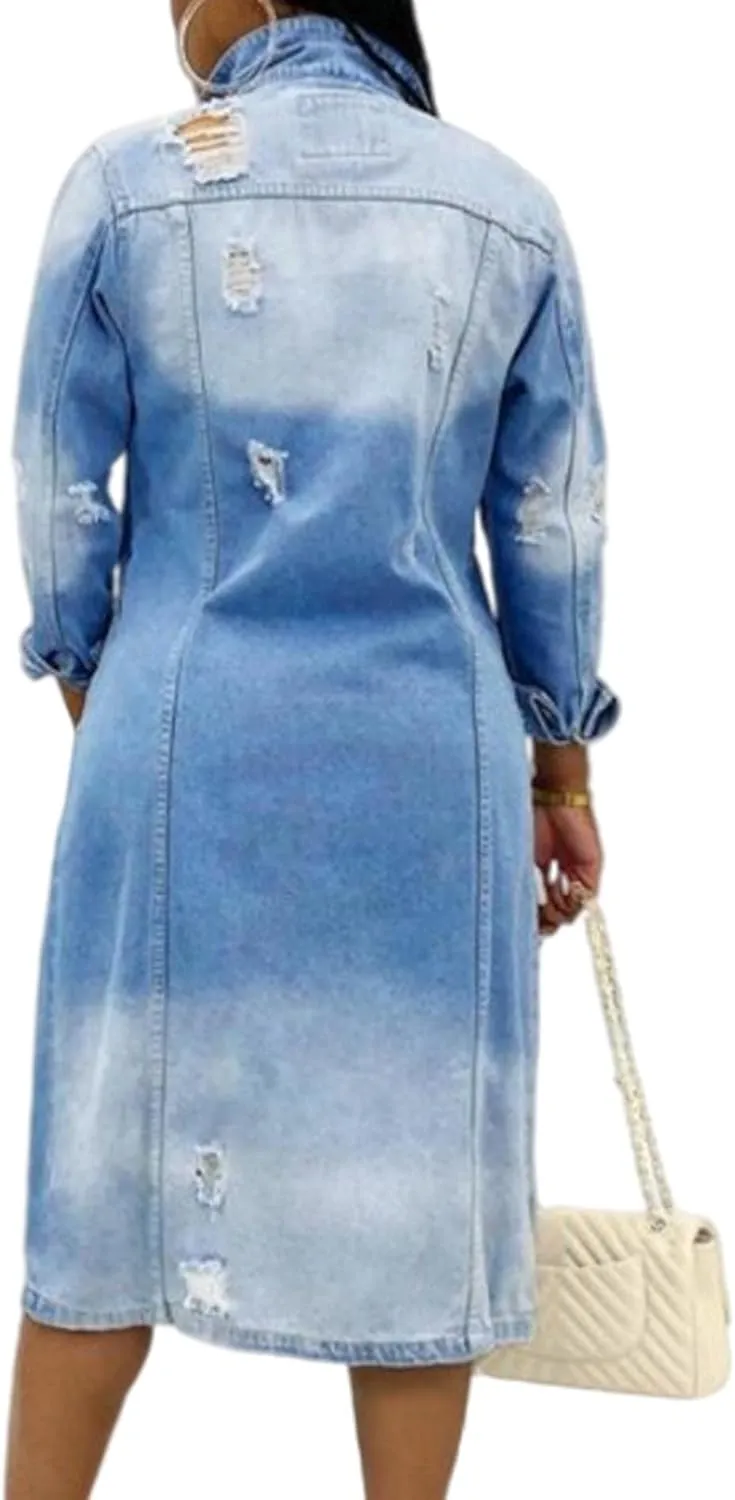 FYEARFOX Womens Denim Jean Jacket Oversized Ripped Distressed Long Sleeve Trench Maxi Long Coat Outerwear