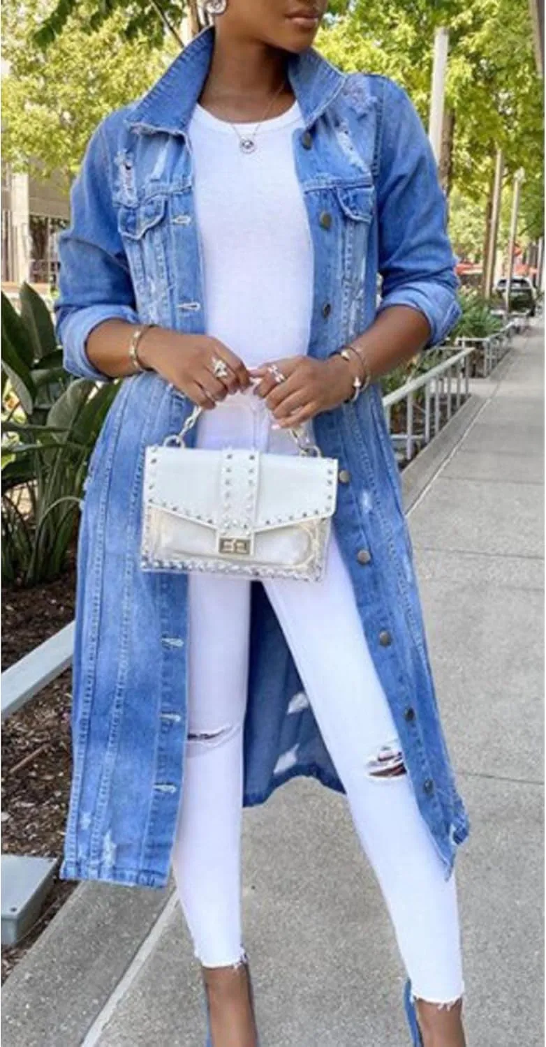 FYEARFOX Womens Denim Jean Jacket Oversized Ripped Distressed Long Sleeve Trench Maxi Long Coat Outerwear