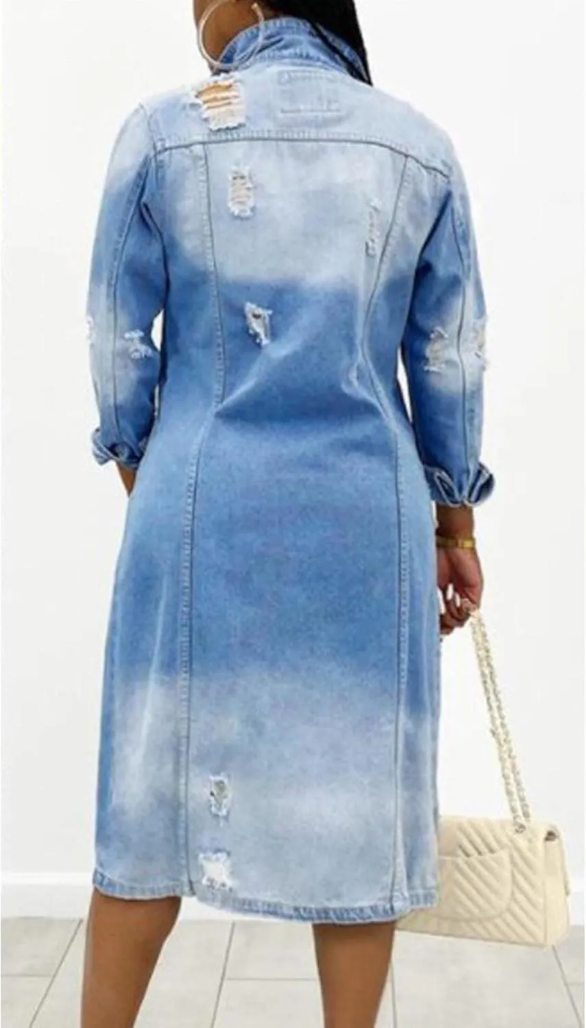 FYEARFOX Womens Denim Jean Jacket Oversized Ripped Distressed Long Sleeve Trench Maxi Long Coat Outerwear