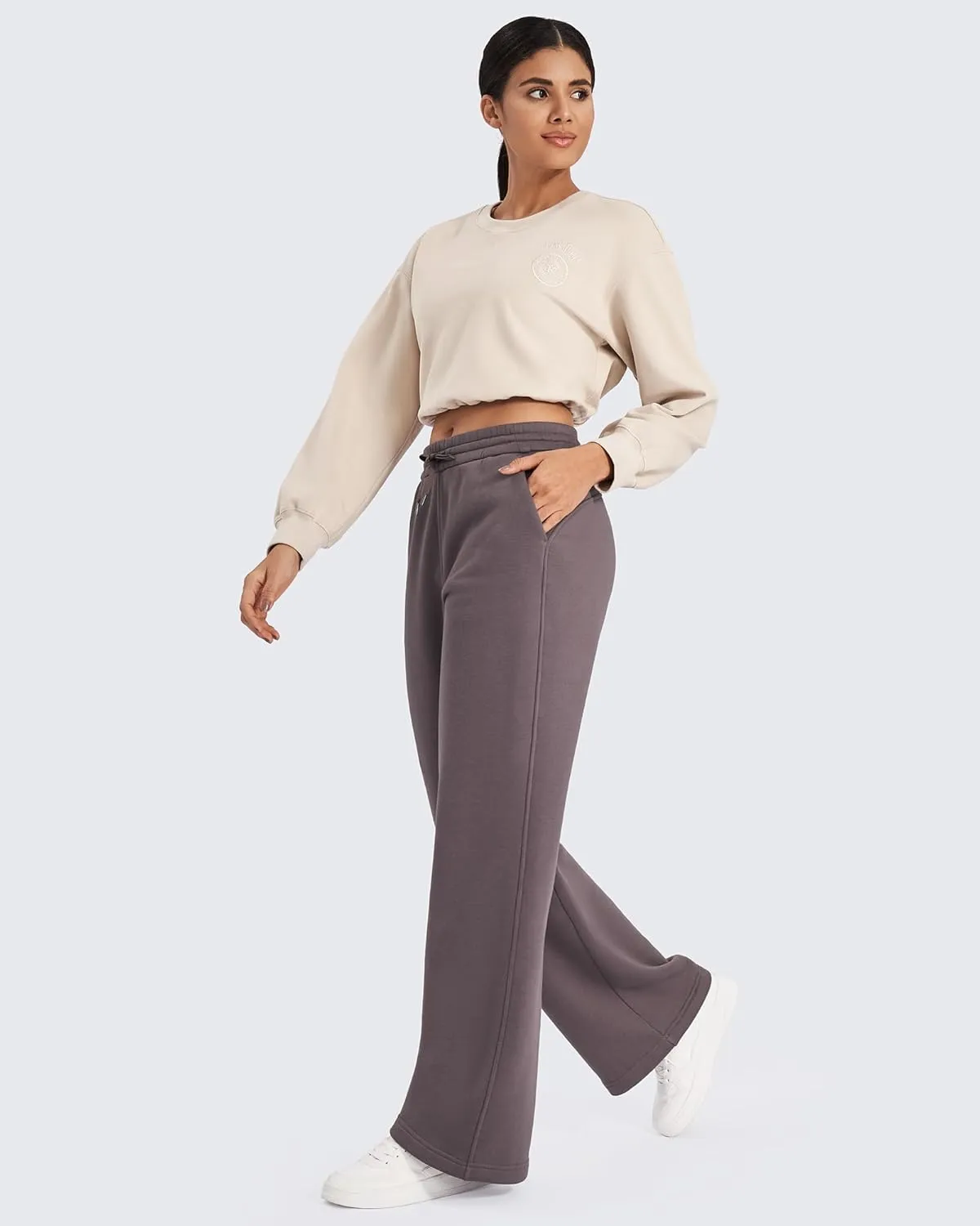 G4Free Fleece Lined Pants Women Drawstring Waist Wide Leg Pants Winter Warm Lounge Sweatpants with Pockets 29''/31''/33''