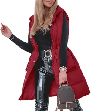 Genayge Womens Long Puffer Vest Quilted Sleeveless Jacket Winter Padded Coat Zip Up Hooded Outerwear With Pockets