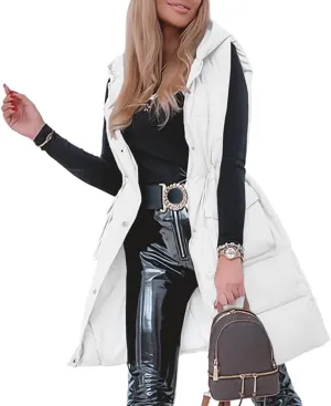 Genayge Womens Long Puffer Vest Quilted Sleeveless Jacket Winter Padded Coat Zip Up Hooded Outerwear With Pockets