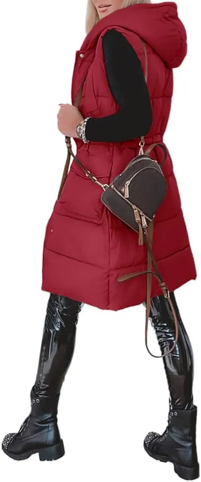 Genayge Womens Long Puffer Vest Quilted Sleeveless Jacket Winter Padded Coat Zip Up Hooded Outerwear With Pockets
