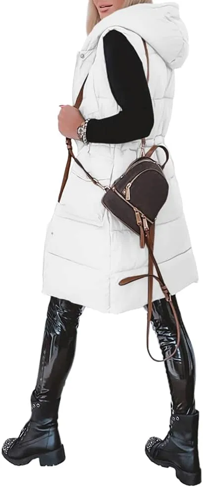 Genayge Womens Long Puffer Vest Quilted Sleeveless Jacket Winter Padded Coat Zip Up Hooded Outerwear With Pockets