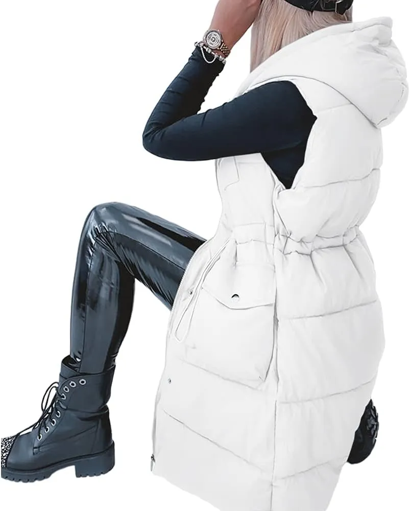 Genayge Womens Long Puffer Vest Quilted Sleeveless Jacket Winter Padded Coat Zip Up Hooded Outerwear With Pockets