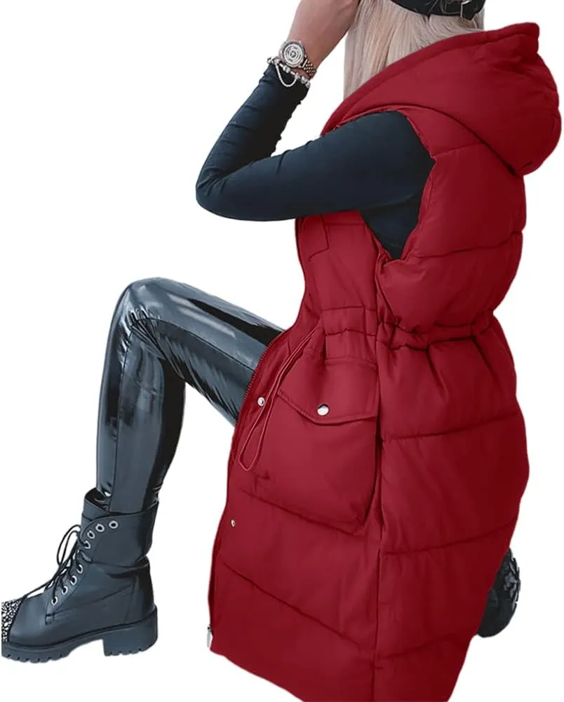 Genayge Womens Long Puffer Vest Quilted Sleeveless Jacket Winter Padded Coat Zip Up Hooded Outerwear With Pockets