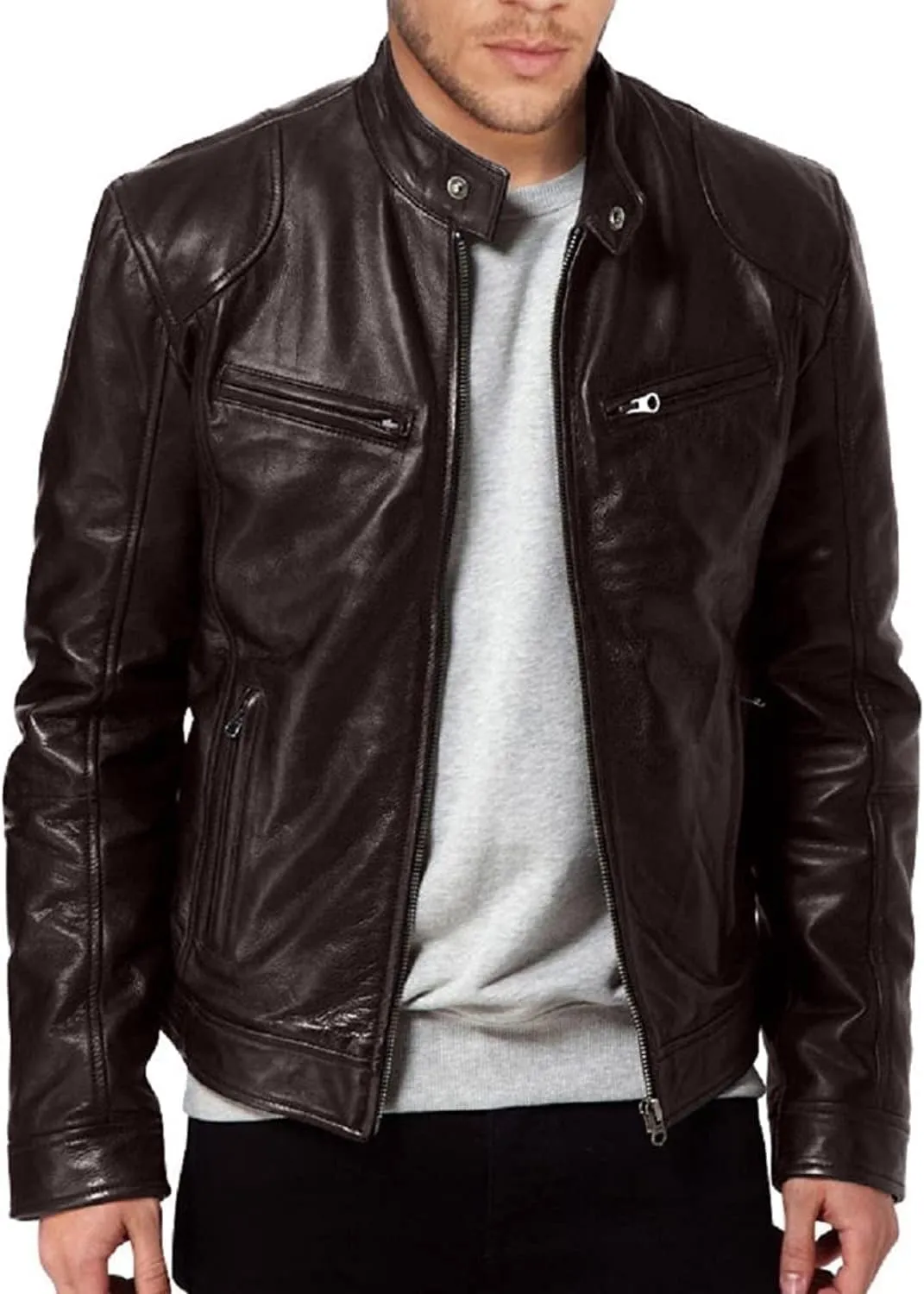 Genuine Leather Jacket Men Biker Lambskin Bomber Real Motorcycle Coat