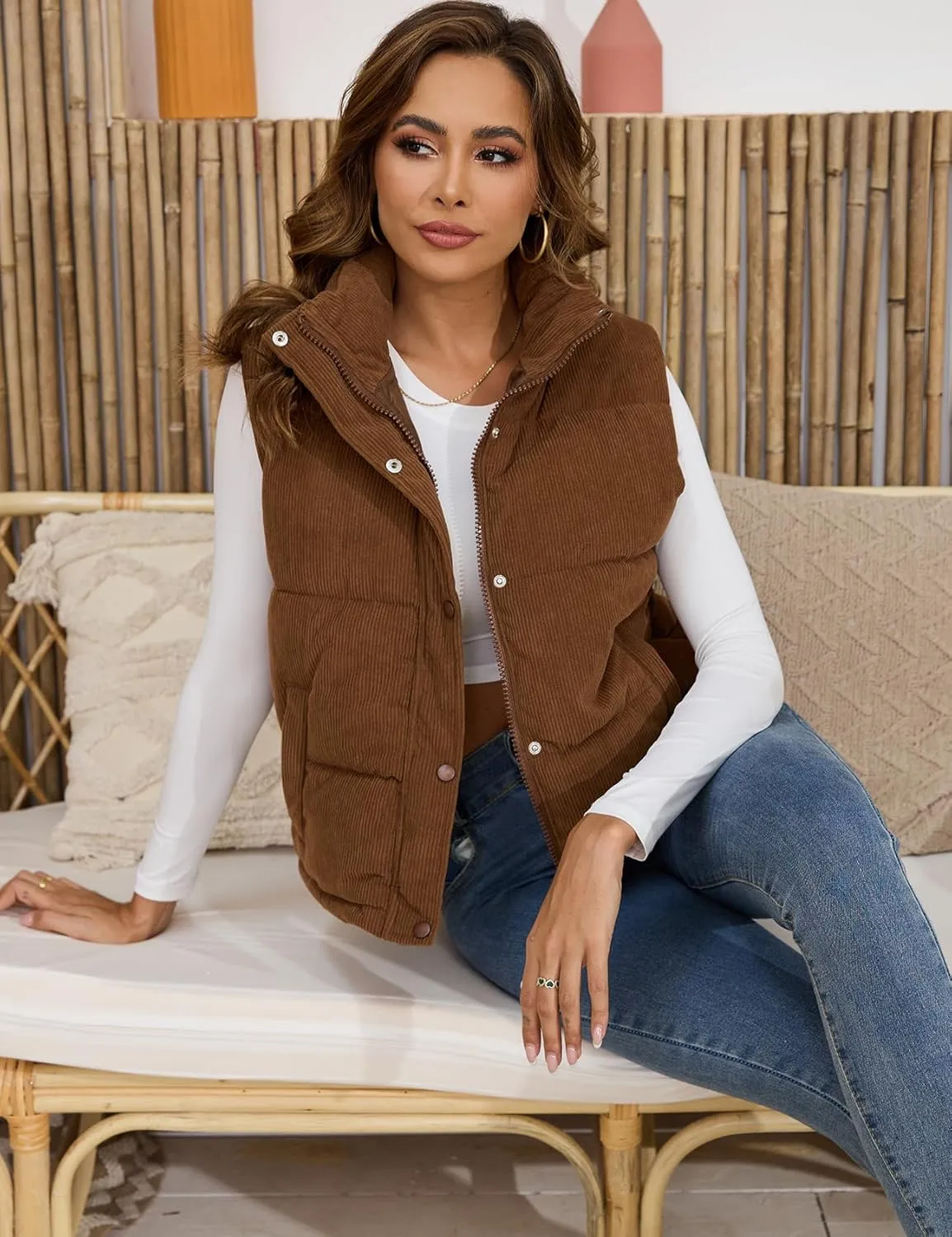 Gihuo Women's Corduroy Puffer Vest Stand Collar Zip Up Padded Vests Sleeveless Quilted Jackets Snap Gilet with Pockets