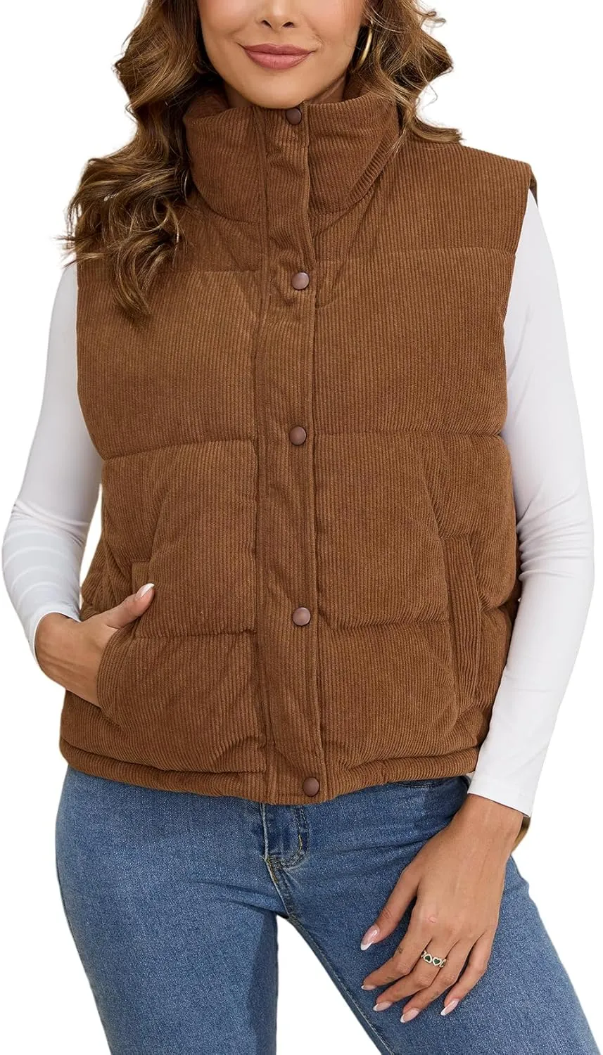 Gihuo Women's Corduroy Puffer Vest Stand Collar Zip Up Padded Vests Sleeveless Quilted Jackets Snap Gilet with Pockets